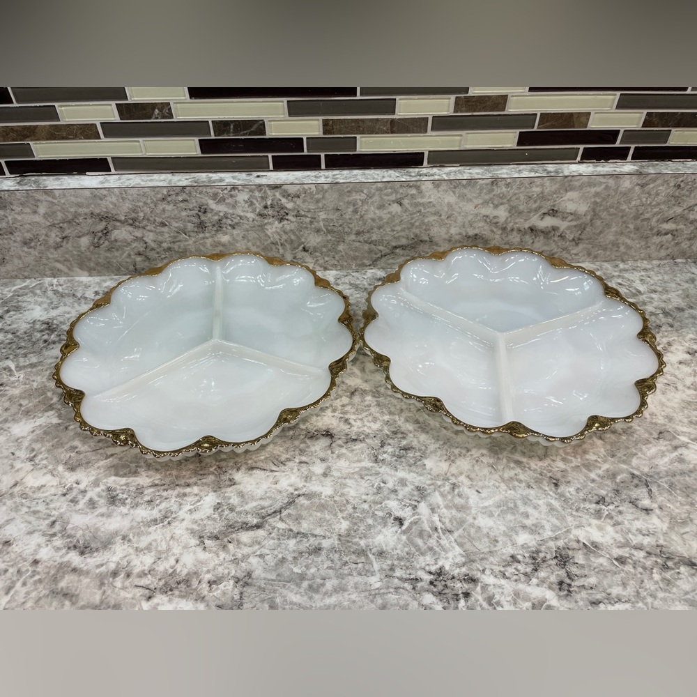 Vintage milk glass divided serving dish Set of 2